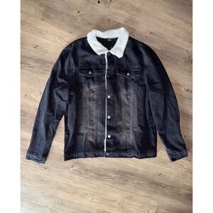 SHEIN Mens Black Denim Trucker Jacket Faux Shearling Collar XL NWOT